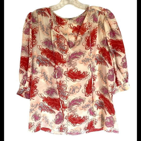 Tucker Silk Feather Print Blouse S - Picture 8 of 10